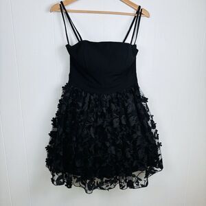 Altar'd State Black Floral Appliqué Mesh Tulle Mini Dress Spaghetti Strap Medium